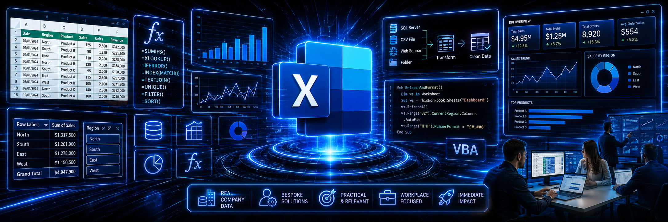 Excel formulas, data analysis, reporting, automation and workplace training